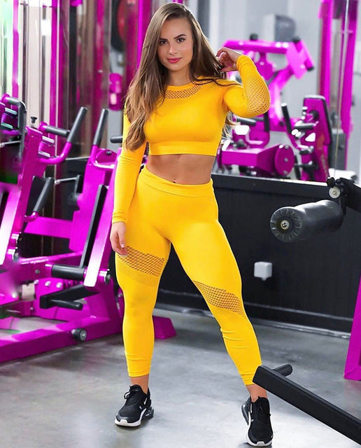 Women Yoga Set Long Sleeve Hollow Seamless Mesh Stretch | Vimost Shop.