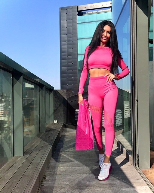 Women Yoga Set Long Sleeve Hollow Seamless Mesh Stretch | Vimost Shop.