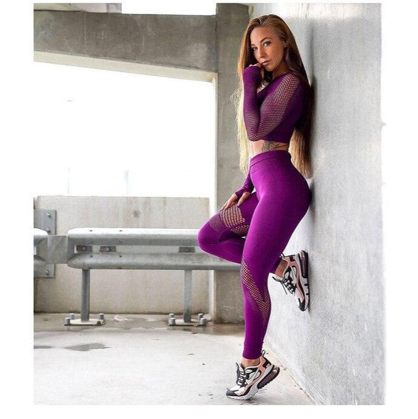 Women Yoga Set Long Sleeve Hollow Seamless Mesh Stretch | Vimost Shop.