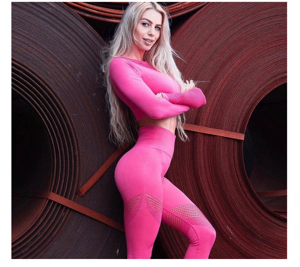 Women Yoga Set Long Sleeve Hollow Seamless Mesh Stretch | Vimost Shop.