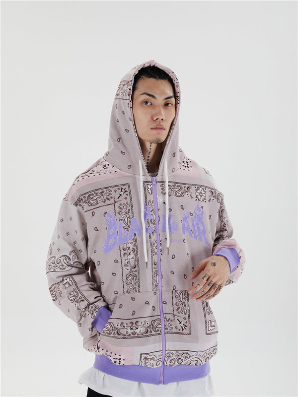 Full Zip Cashew Flowers Pink Hooded Sweatshirts Hoodies Men/women Harajuku Casual Patchwork Hoodie Hip Hop Cotton Tops | Vimost Shop.