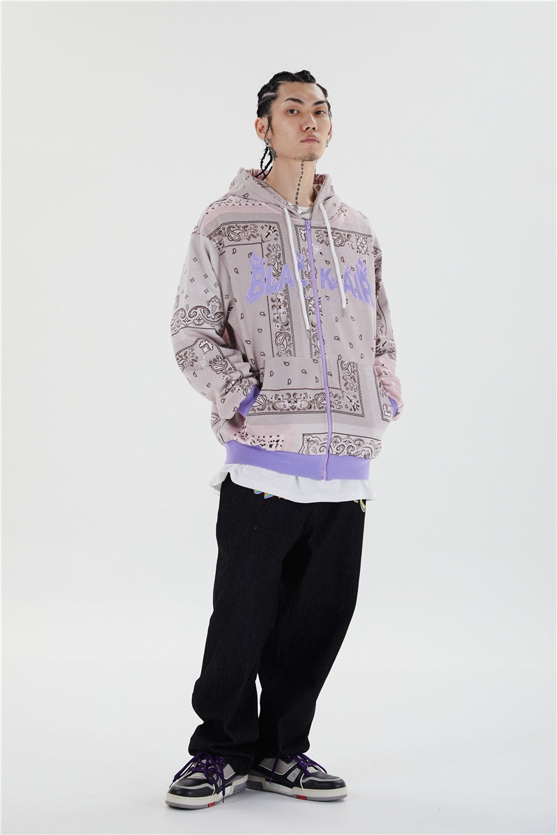 Full Zip Cashew Flowers Pink Hooded Sweatshirts Hoodies Men/women Harajuku Casual Patchwork Hoodie Hip Hop Cotton Tops | Vimost Shop.