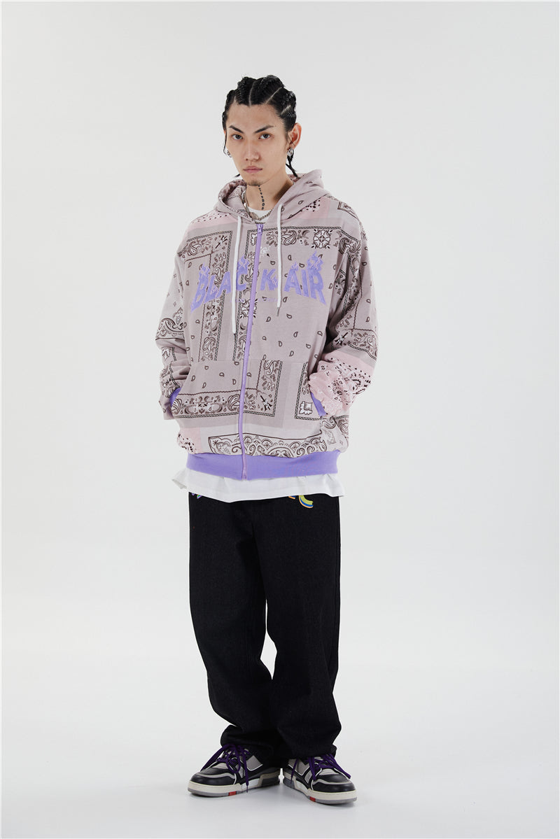 Full Zip Cashew Flowers Pink Hooded Sweatshirts Hoodies Men/women Harajuku Casual Patchwork Hoodie Hip Hop Cotton Tops | Vimost Shop.