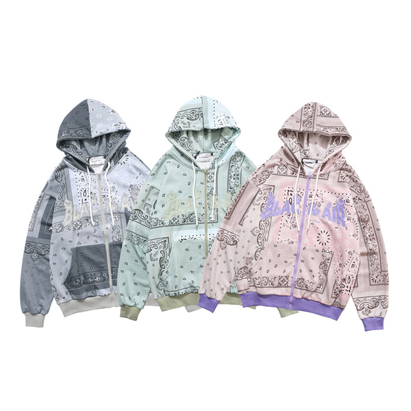 Full Zip Cashew Flowers Pink Hooded Sweatshirts Hoodies Men/women Harajuku Casual Patchwork Hoodie Hip Hop Cotton Tops | Vimost Shop.