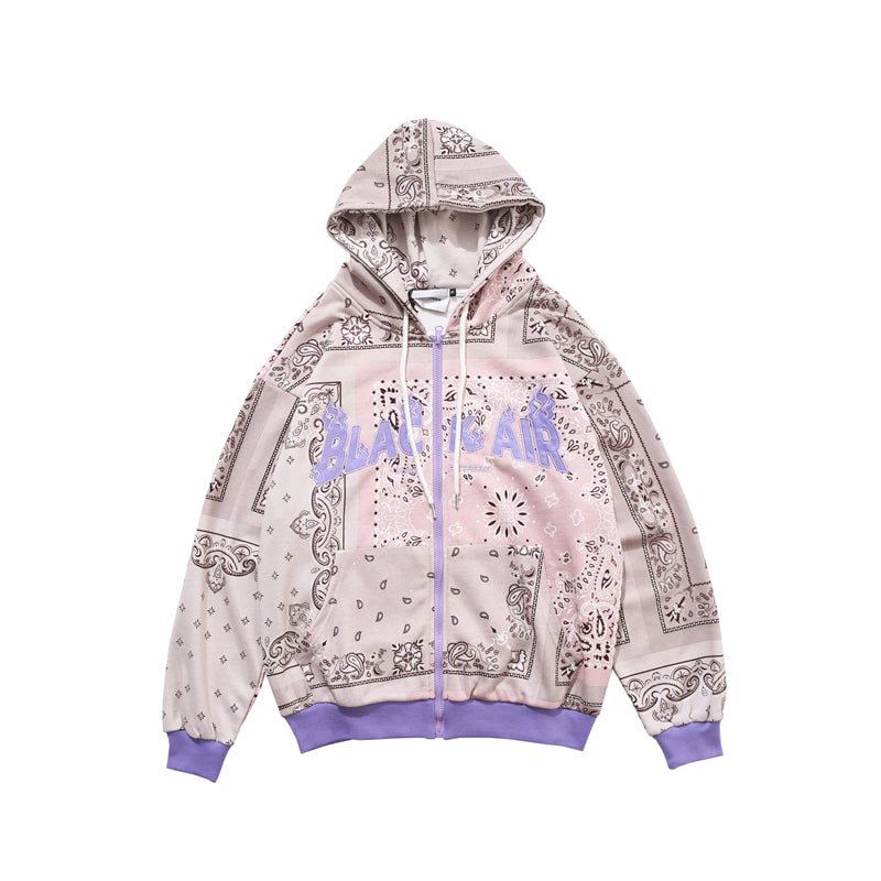 Full Zip Cashew Flowers Pink Hooded Sweatshirts Hoodies Men/women Harajuku Casual Patchwork Hoodie Hip Hop Cotton Tops | Vimost Shop.