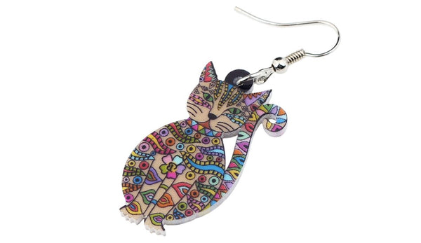 Statement Acrylic Floral Cat Kitten Earrings Big Long Drop Dangle Fashion Animal Jewelry For Girls Women Lady Accessories | Vimost Shop.