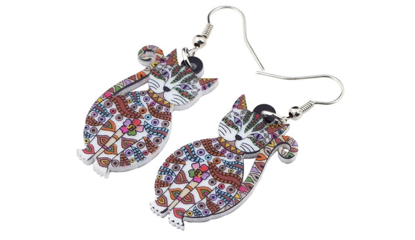 Statement Acrylic Floral Cat Kitten Earrings Big Long Drop Dangle Fashion Animal Jewelry For Girls Women Lady Accessories | Vimost Shop.