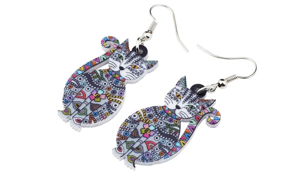 Statement Acrylic Floral Cat Kitten Earrings Big Long Drop Dangle Fashion Animal Jewelry For Girls Women Lady Accessories | Vimost Shop.