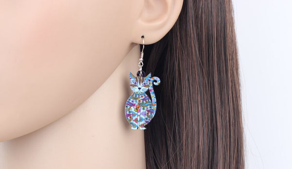 Statement Acrylic Floral Cat Kitten Earrings Big Long Drop Dangle Fashion Animal Jewelry For Girls Women Lady Accessories | Vimost Shop.