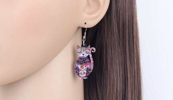 Statement Acrylic Floral Cat Kitten Earrings Big Long Drop Dangle Fashion Animal Jewelry For Girls Women Lady Accessories | Vimost Shop.