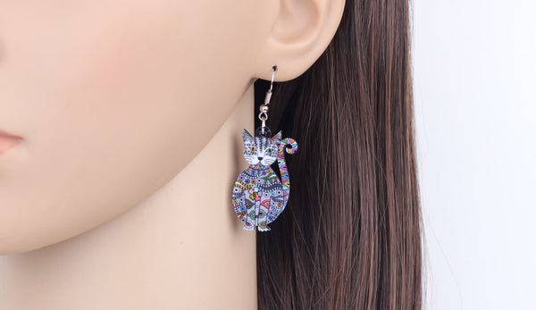 Statement Acrylic Floral Cat Kitten Earrings Big Long Drop Dangle Fashion Animal Jewelry For Girls Women Lady Accessories | Vimost Shop.