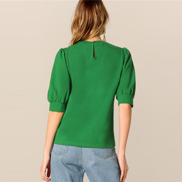 Ladies Casual Green Puff Sleeve Keyhole Back Solid Top And Blouse Workwear Half Sleeve Elegant Blouses | Vimost Shop.