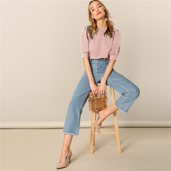 Ladies Casual Green Puff Sleeve Keyhole Back Solid Top And Blouse Workwear Half Sleeve Elegant Blouses | Vimost Shop.