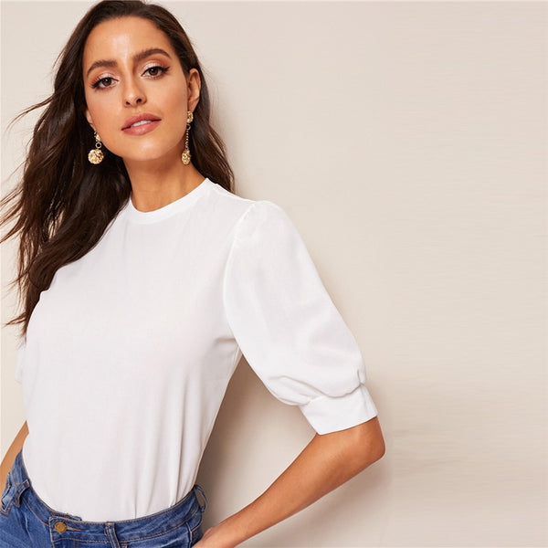 Ladies Casual Green Puff Sleeve Keyhole Back Solid Top And Blouse Workwear Half Sleeve Elegant Blouses | Vimost Shop.