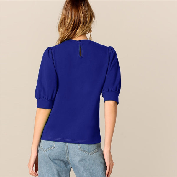 Ladies Casual Green Puff Sleeve Keyhole Back Solid Top And Blouse Workwear Half Sleeve Elegant Blouses | Vimost Shop.