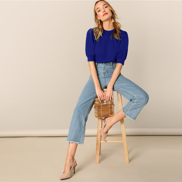 Ladies Casual Green Puff Sleeve Keyhole Back Solid Top And Blouse Workwear Half Sleeve Elegant Blouses | Vimost Shop.