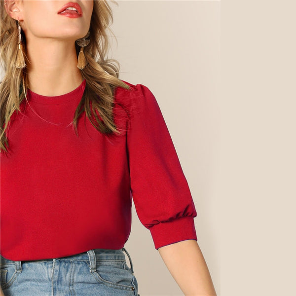 Ladies Casual Green Puff Sleeve Keyhole Back Solid Top And Blouse Workwear Half Sleeve Elegant Blouses | Vimost Shop.