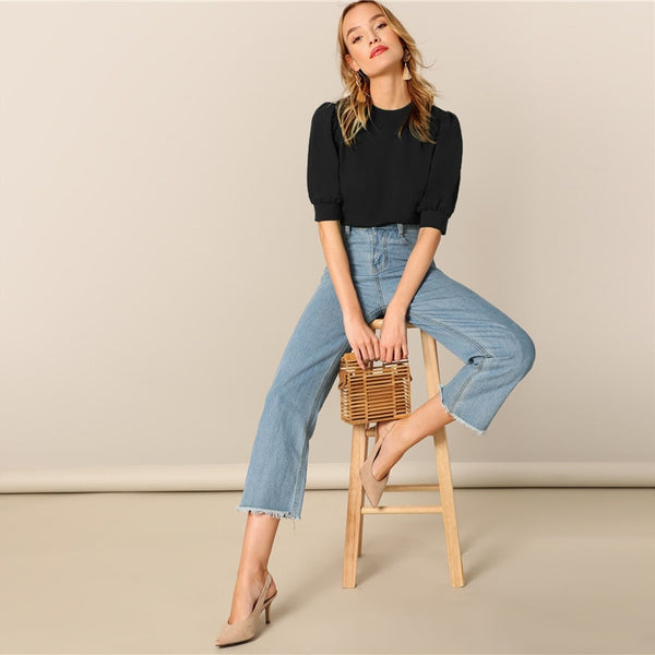 Ladies Casual Green Puff Sleeve Keyhole Back Solid Top And Blouse Workwear Half Sleeve Elegant Blouses | Vimost Shop.