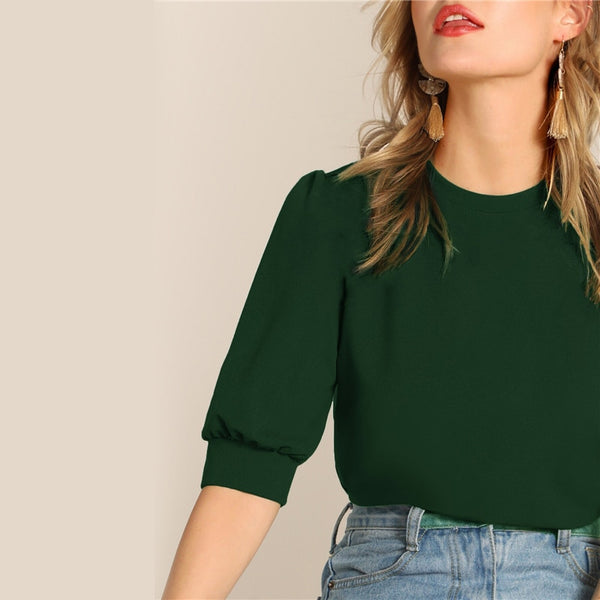Ladies Casual Green Puff Sleeve Keyhole Back Solid Top And Blouse Workwear Half Sleeve Elegant Blouses | Vimost Shop.
