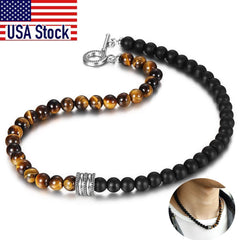 Natural Red Tiger Eyes Map Stone Necklace For Men Unisex Stainless Steel Matte Black Bead Necklace Male Jewelry Gift