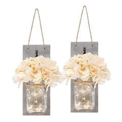 2Pcs Mason Jar Light Remote Control Mason Jar Decor Rustic Wall Sconces Light Hydrangea Flowers LED Strip Lights Mason Jar Light