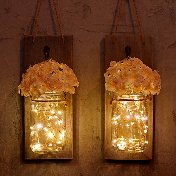2Pcs Mason Jar Light Remote Control Mason Jar Decor Rustic Wall Sconces Light Hydrangea Flowers LED Strip Lights Mason Jar Light | Vimost Shop.