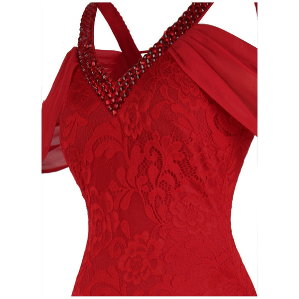 Women's Evening Dress Off Shoulder Lace Beading Crystal Maxi Elegant Bodycon Party Gwon Red | Vimost Shop.