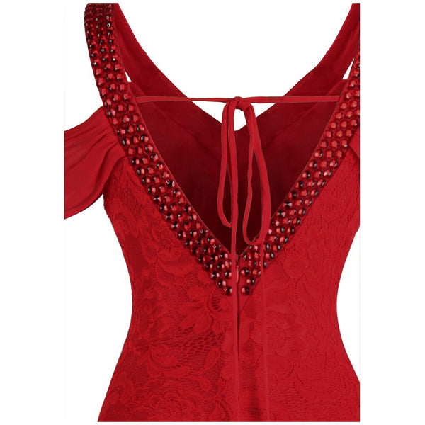 Women's Evening Dress Off Shoulder Lace Beading Crystal Maxi Elegant Bodycon Party Gwon Red | Vimost Shop.