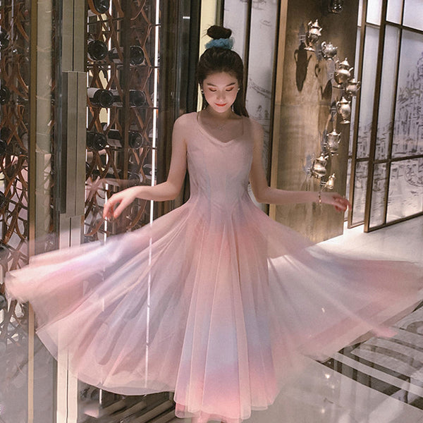 Rainbow mesh suspender dress female high waist was thin  net red with the same temperament gradient color fairy DRESS | Vimost Shop.