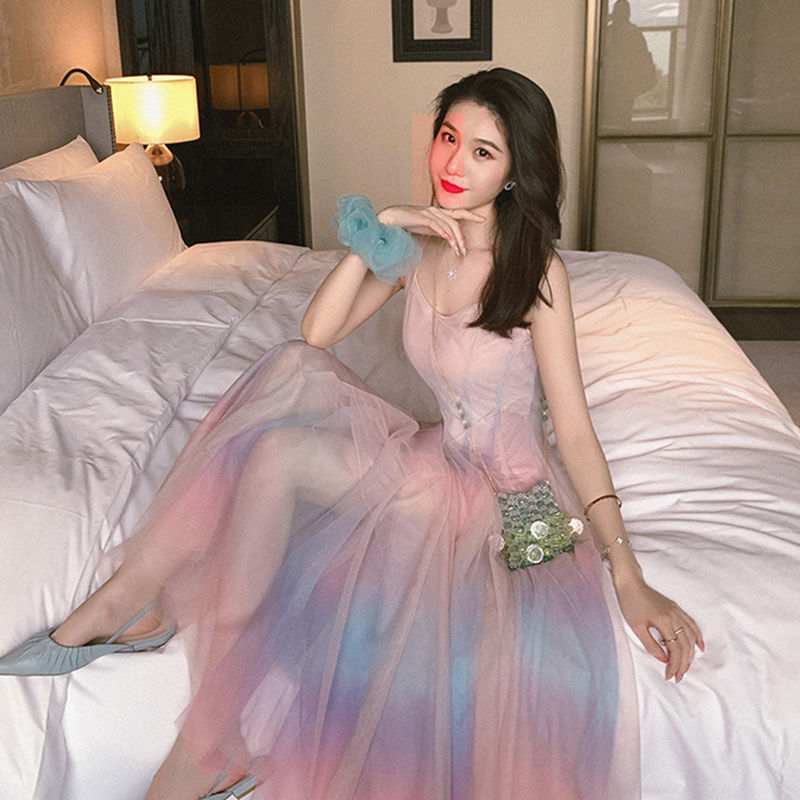 Rainbow mesh suspender dress female high waist was thin net red with the same temperament gradient color fairy DRESS | Vimost Shop.