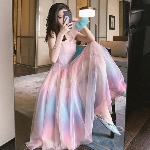 Rainbow mesh suspender dress female high waist was thin  net red with the same temperament gradient color fairy DRESS | Vimost Shop.