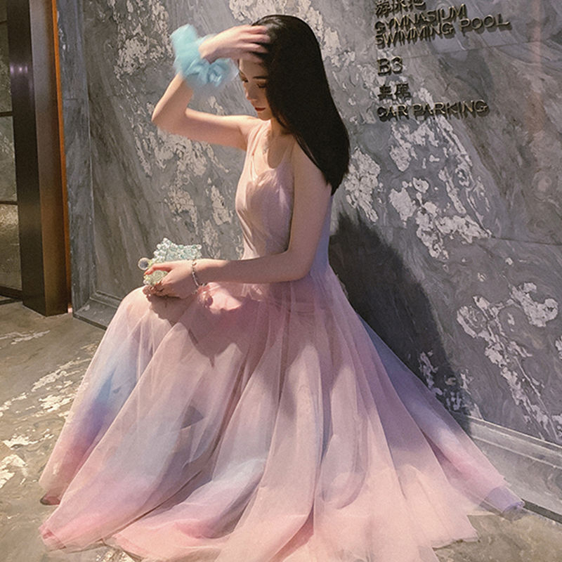 Rainbow mesh suspender dress female high waist was thin net red with the same temperament gradient color fairy DRESS | Vimost Shop.