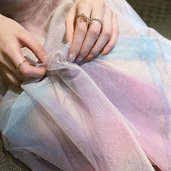 Rainbow mesh suspender dress female high waist was thin  net red with the same temperament gradient color fairy DRESS | Vimost Shop.