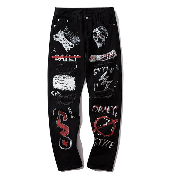 Men Jeans Hip Hop Graffiti Skull Letter Print Denim Pants Skinny Hole High Street | Vimost Shop.