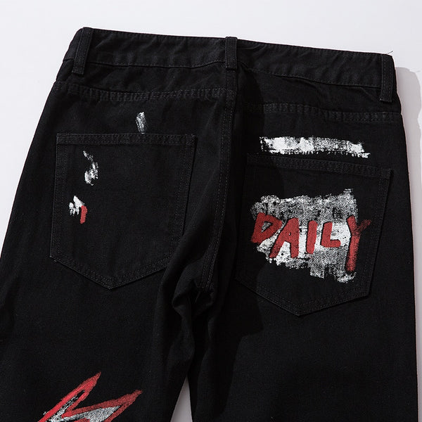 Men Jeans Hip Hop Graffiti Skull Letter Print Denim Pants Skinny Hole High Street | Vimost Shop.