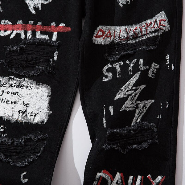 Men Jeans Hip Hop Graffiti Skull Letter Print Denim Pants Skinny Hole High Street | Vimost Shop.