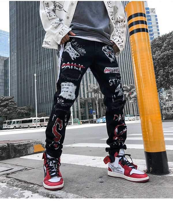 Men Jeans Hip Hop Graffiti Skull Letter Print Denim Pants Skinny Hole High Street | Vimost Shop.