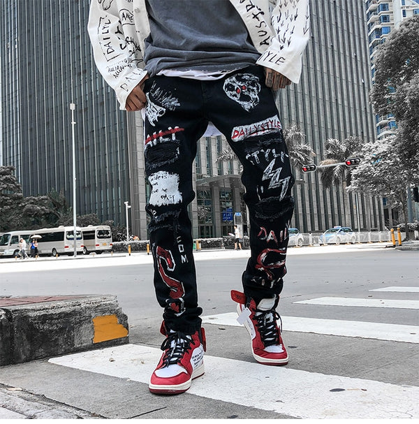 Men Jeans Hip Hop Graffiti Skull Letter Print Denim Pants Skinny Hole High Street | Vimost Shop.