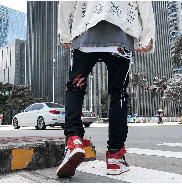 Men Jeans Hip Hop Graffiti Skull Letter Print Denim Pants Skinny Hole High Street | Vimost Shop.