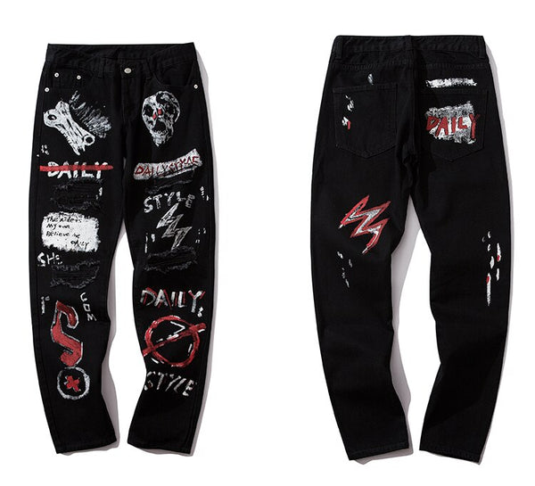 Men Jeans Hip Hop Graffiti Skull Letter Print Denim Pants Skinny Hole High Street | Vimost Shop.