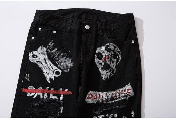 Men Jeans Hip Hop Graffiti Skull Letter Print Denim Pants Skinny Hole High Street | Vimost Shop.