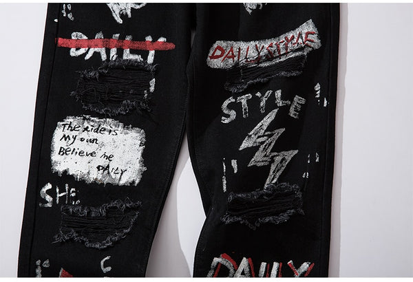 Men Jeans Hip Hop Graffiti Skull Letter Print Denim Pants Skinny Hole High Street | Vimost Shop.