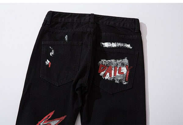 Men Jeans Hip Hop Graffiti Skull Letter Print Denim Pants Skinny Hole High Street | Vimost Shop.