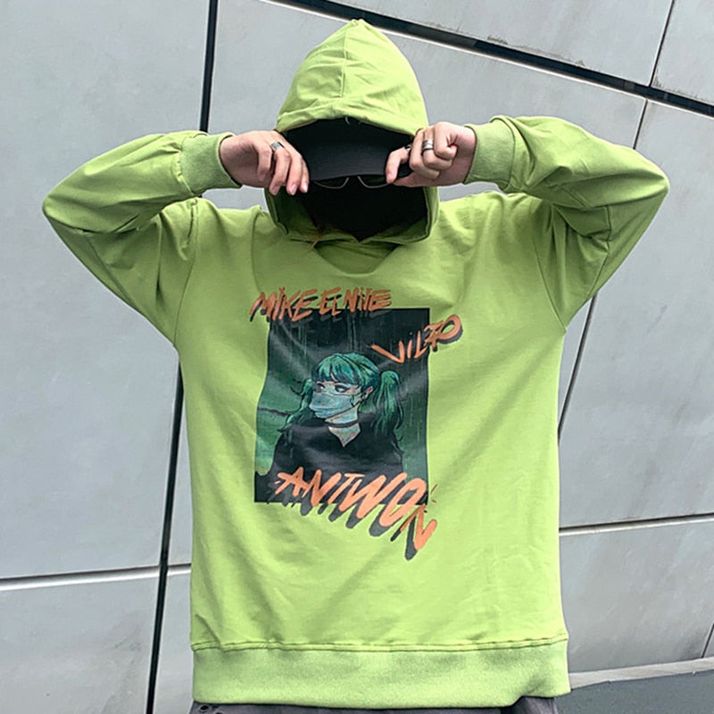 Hip Hop Hoodie Sweatshirt Men Harajuku Japanese Anime Hoodie Streetwear Cartoon Girl Green Hair Hooded Pullover Autumn | Vimost Shop.