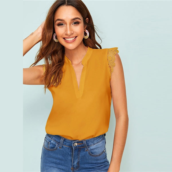 V-Placket Lace Trim Shell Top Elegant V neck Stand Collar Summer Sleeveless Womens Tops and Blouses | Vimost Shop.