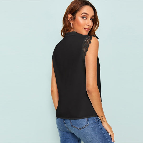 V-Placket Lace Trim Shell Top Elegant V neck Stand Collar Summer Sleeveless Womens Tops and Blouses | Vimost Shop.