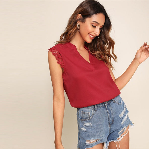 V-Placket Lace Trim Shell Top Elegant V neck Stand Collar Summer Sleeveless Womens Tops and Blouses | Vimost Shop.