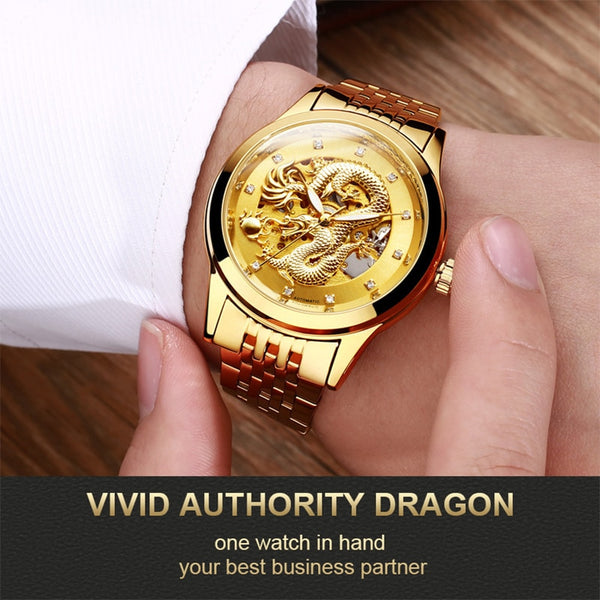 Luxury Top Brand Dragon Design Automatic Watch Men Skeleton Gold Full Stainless steel Wristwatch Mechanical Skeleton Steampunk | Vimost Shop.
