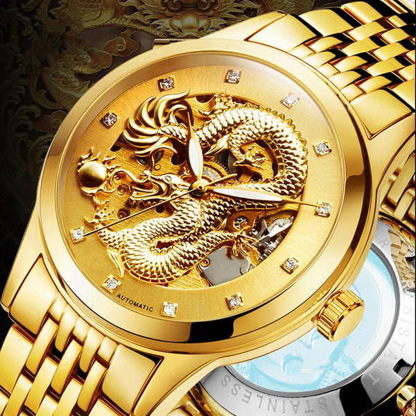 Luxury Top Brand Dragon Design Automatic Watch Men Skeleton Gold Full Stainless steel Wristwatch Mechanical Skeleton Steampunk | Vimost Shop.