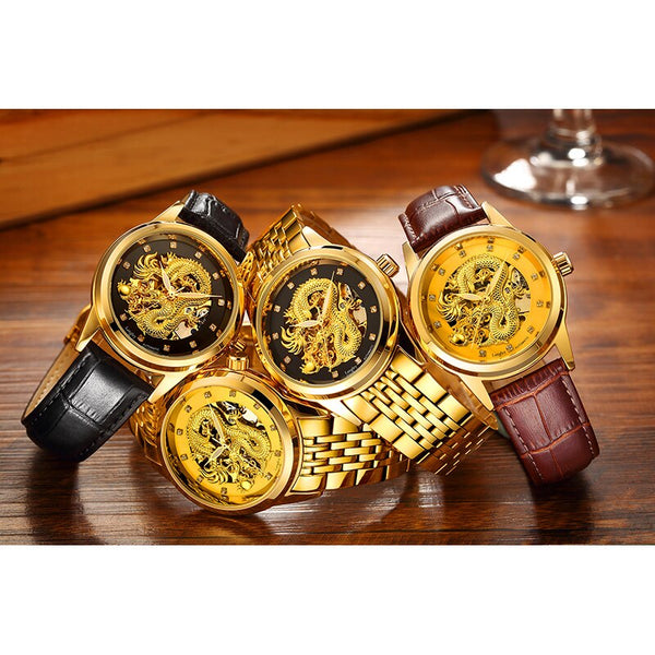 Luxury Top Brand Dragon Design Automatic Watch Men Skeleton Gold Full Stainless steel Wristwatch Mechanical Skeleton Steampunk | Vimost Shop.